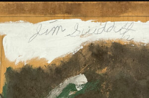 signature "Big Stone House with Tree" c. 1988 by Jimmie Lee Sudduth mud, kaolin on wood 23.75" x 32.25" $2200 #13811 ("James House" verso inscription) 